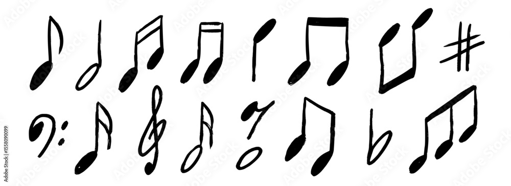 Poster hand drawn music notes set. chalk doodled musical symbol collection. charcoal brush scribbled music 