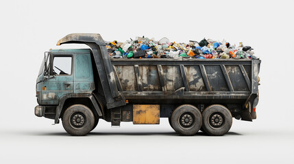 A dump truck is full of trash. The truck is yellow and has a large open dump bed. The trash is piled high and he is a mix of different materials. Concept of waste and pollution