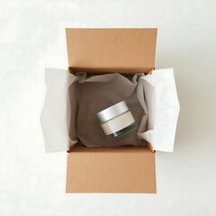 Top view of cosmetics skincare glass jar container placed in brown cardboard box layered by white paper wrapping no logo or brand label for beauty business products mockup