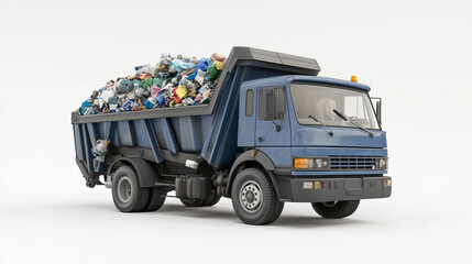 A dump truck is full of trash. The truck is yellow and has a large open dump bed. The trash is piled high and he is a mix of different materials. Concept of waste and pollution