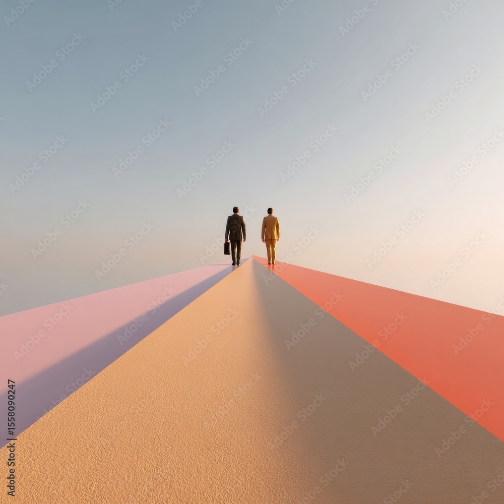 Poster minimalist strategic partnership concept with two executives ascending converging arrows symbolizing