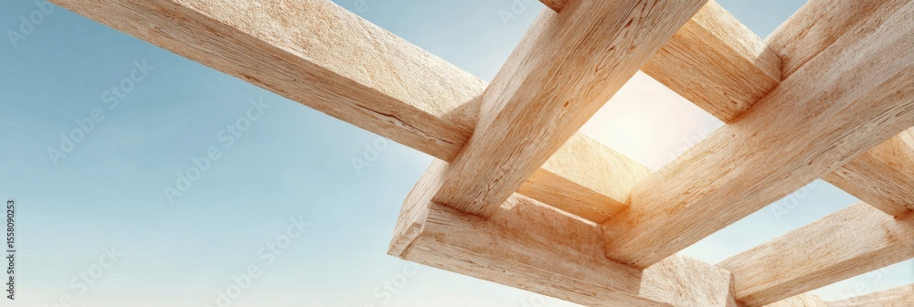 Poster closeup of intersecting wooden beams in construction framework showcasing precision joinery and craf