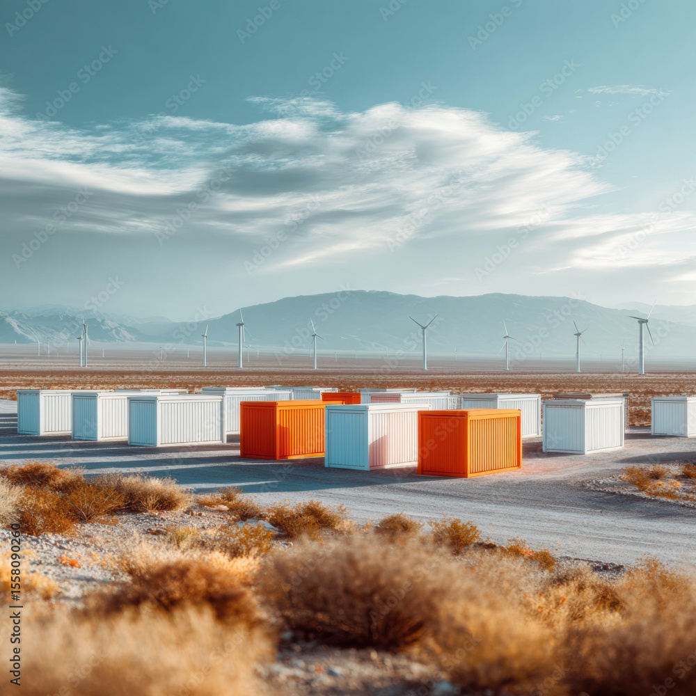 Aufkleber modern battery storage arrays at desert power plant with wind turbines showcasing sustainable energy