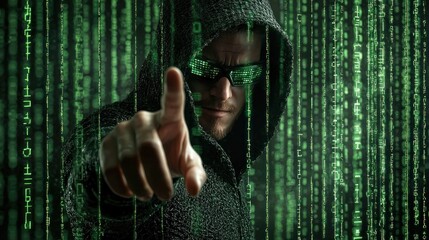 A hacker in a dark hoodie and glasses, with green and white binary code falling around them, pointing towards the viewer.