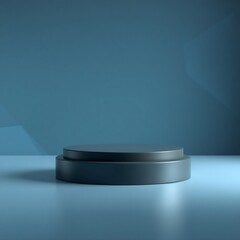 3D render empty matte blue black podium on a blue abstract background and glossy surface for digital, cyber and technology products display and business branding