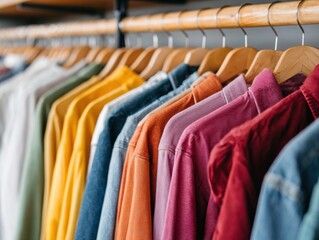 Obraz premium Colorful Vintage Clothing on Wooden Hangers Inside Thrift Store Showcasing Sustainable Fashion and Retro Charm for Eco-Friendly Retail Marketing