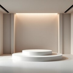 Fototapeta premium Empty white podium in studio gallery room with dim lights and modern interior design for business product marketing and advertisement indoor photography shoot
