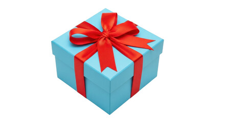 Fototapeta premium Light blue gift box with red satin ribbon bow, elegant square present package for birthday or holiday, isolated decorative gift box on white background