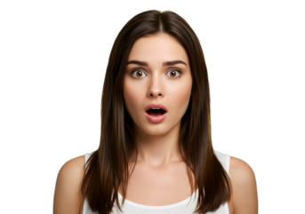 A woman with eyebrows raised, stunned expression on transparent background