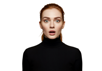 A woman with eyebrows raised, stunned expression on transparent background