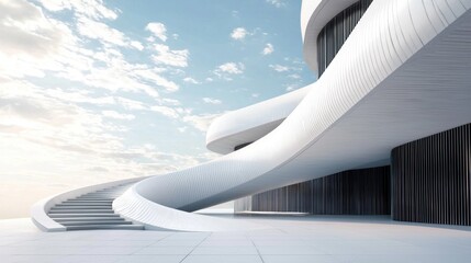 A modern, futuristic building with a curved facade and a staircase leading up to it. The structure is white with black accents, and the sky is blue with some clouds.