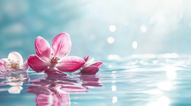 Pink and white flowers floating on water with a blue background.