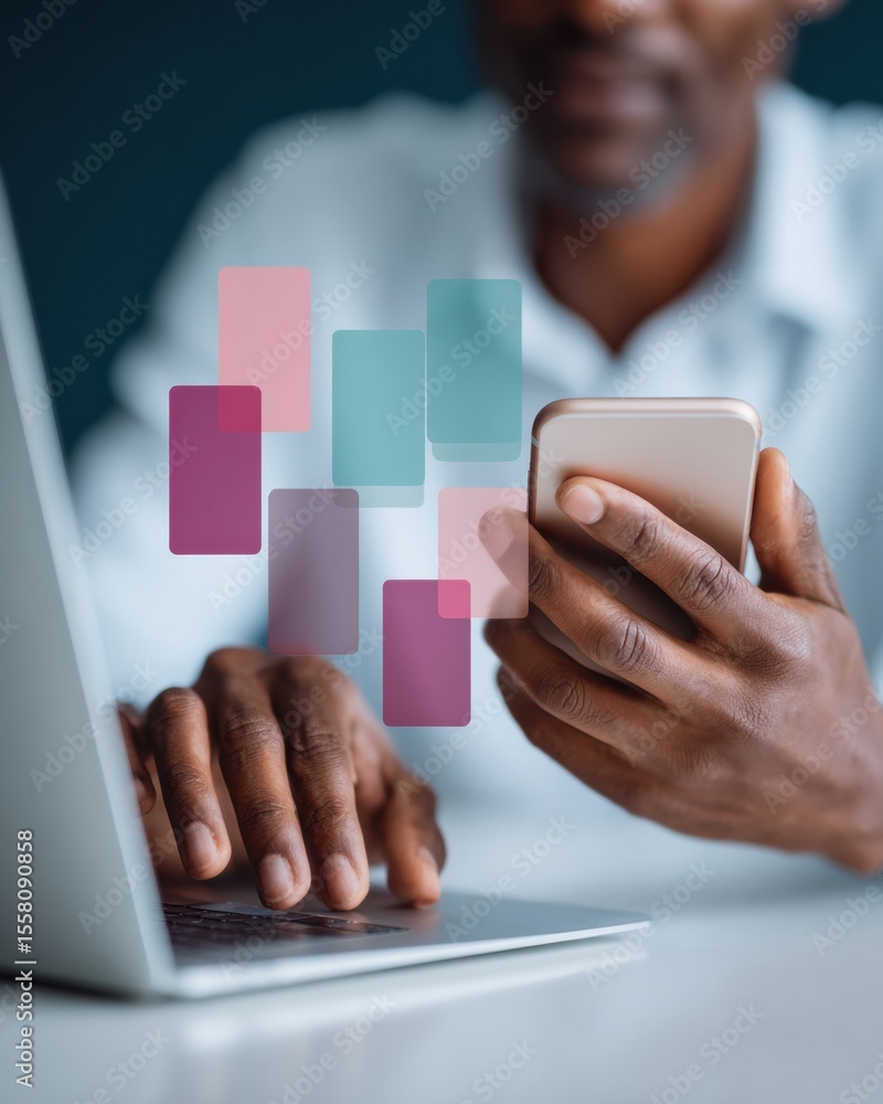 Poster modern businessman using mobile phone with digital wallet interface and laptop for online finance an