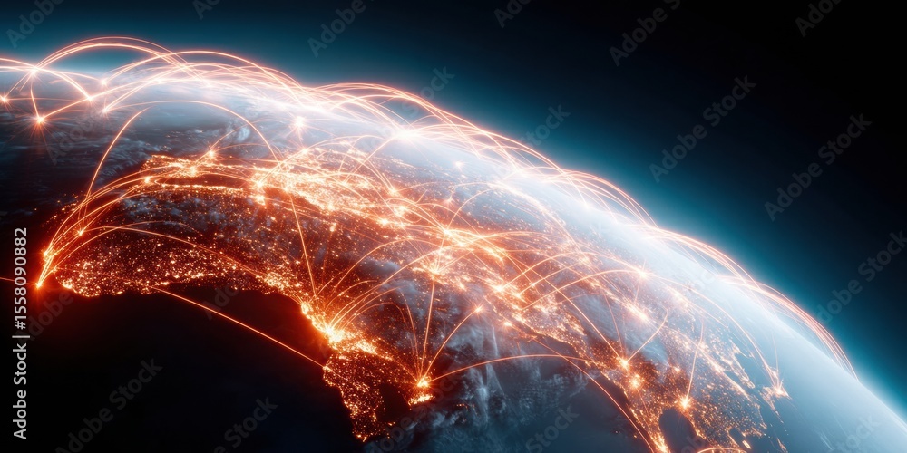Poster satellite manufacturing global digital map highlighting aerospace network pathways and worldwide log