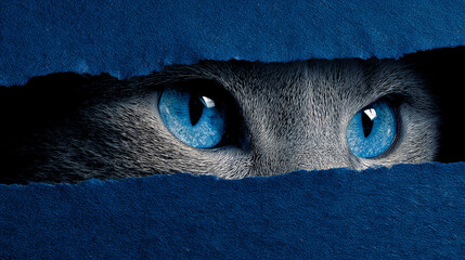 A cat with blue eyes is peeking out from behind a blue curtain. The image has a mysterious and curious mood, as the cat's gaze is directed towards the viewer