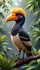 Obraz premium Vibrant Hornbill Bird Perched Among Lush Green Foliage in Enchanting Jungle Setting
