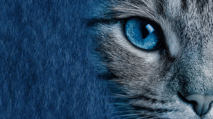 A cat with blue eyes is peeking out from behind a blue curtain. The image has a mysterious and curious mood, as the cat's gaze is directed towards the viewer