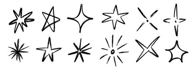 Crayon hand drawn stars and sparkles set. Childish doodle sparks collection. Grunge rough brush stroke shine element pack for collage, poster, sticker, label. Black sketched pencil symbols. Vector