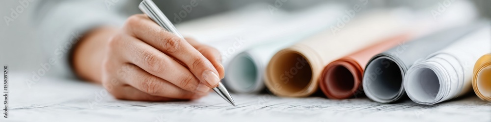 Poster detailed architectural reconstruction plans with technical notations and pen on table, showcasing pr