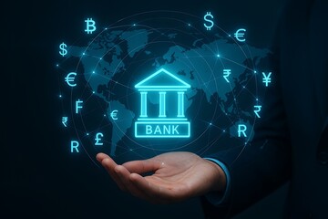 Hand holding a virtual bank with international currency symbols