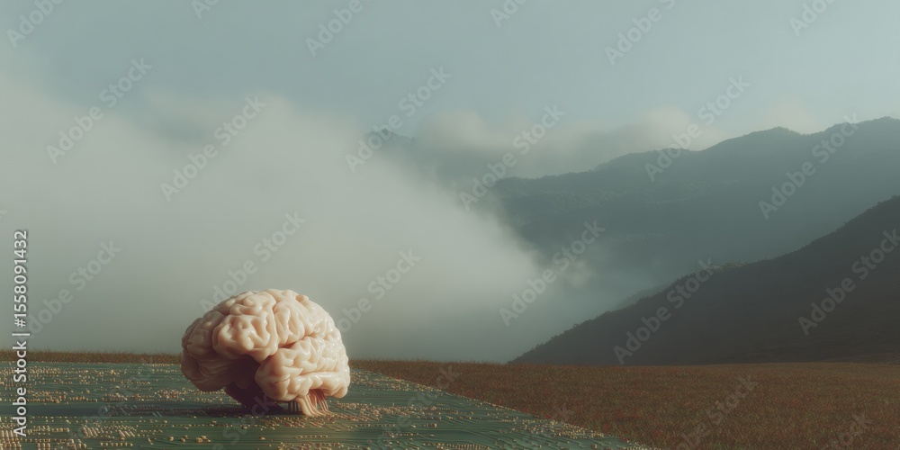 Aufkleber Quantum Brain Sculpture on Motherboard with Circuit Patterns and Neural Trails, Symbolizing AI Cognitive Advancement and Human-Machine Intelligence Fusion