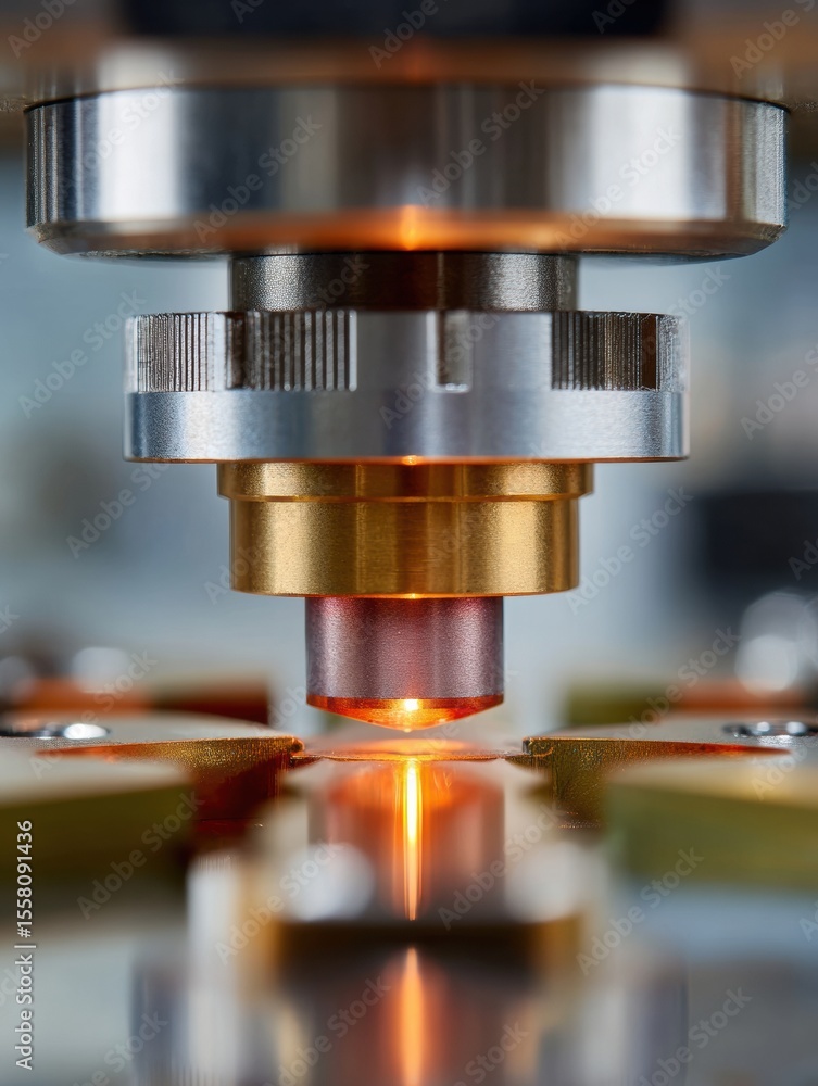 Poster close-up of advanced quantum sensor device with metallic structure and glowing laser for cutting-edg