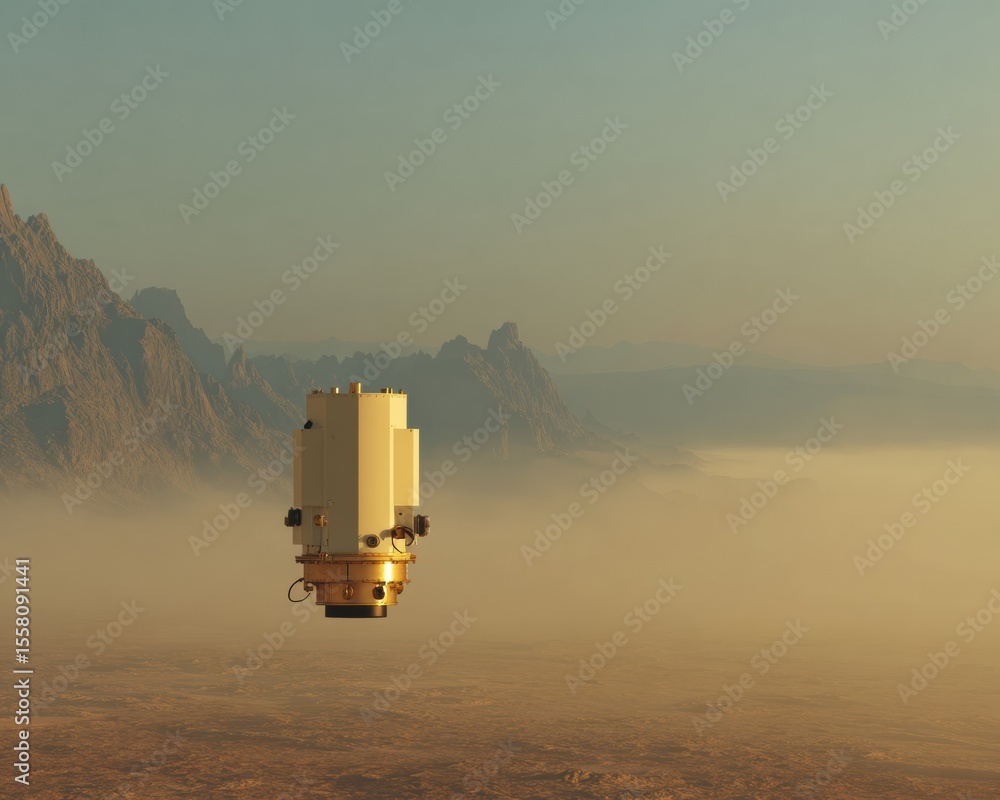 Poster Advanced Quantum Sensor Device Floating Over Desert Landscape for Dark Matter Detection and Scientific Breakthroughs in Space Exploration Technology