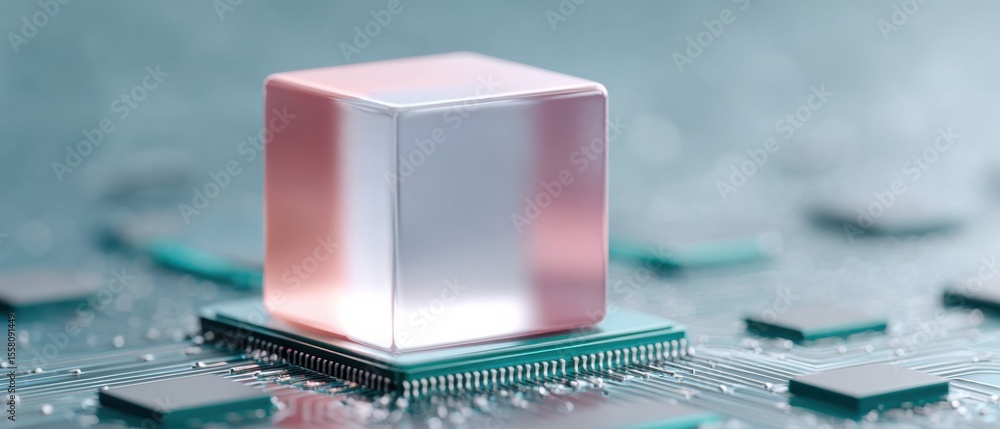 Poster Glowing Quantum Security Cube on Circuit Board with Digital Network Connections for Next-Gen Data Storage and Cybersecurity Innovation