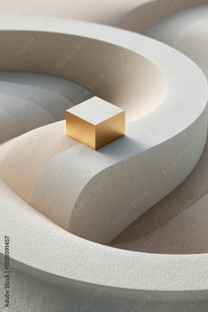 Poster minimalist concrete maze with gold cube accent symbolizing strategic success and modern design in pr