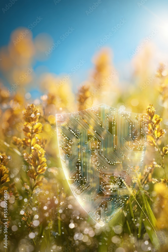Poster Quantum Security Shield with Digital Circuits in Sunlit Field Symbolizing Advanced Cybersecurity and Sustainable Tech Protection for Modern Networks