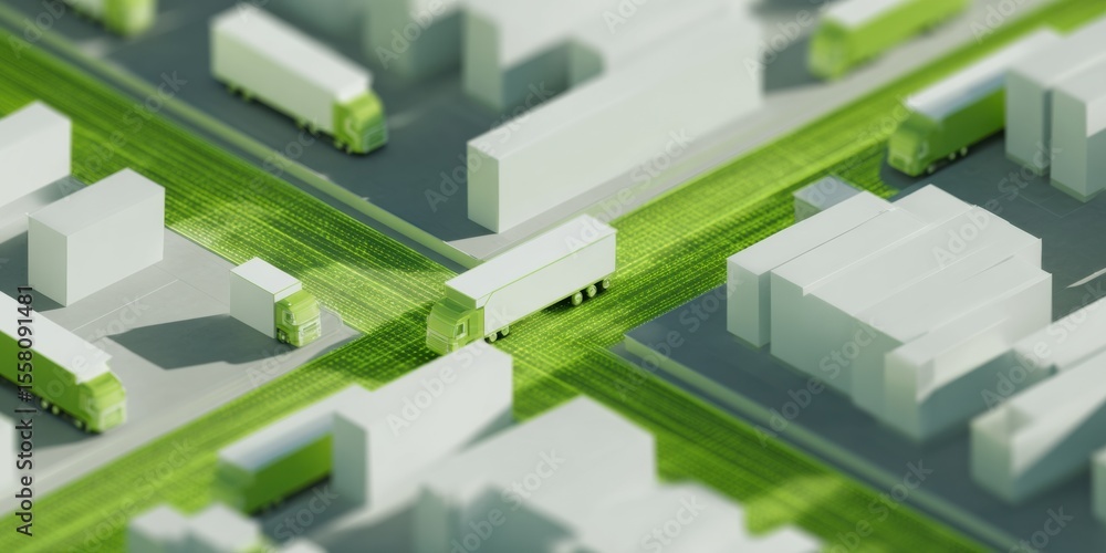 Aufkleber quantum optimization in logistics center with automated supply chain routes and smart delivery vehic