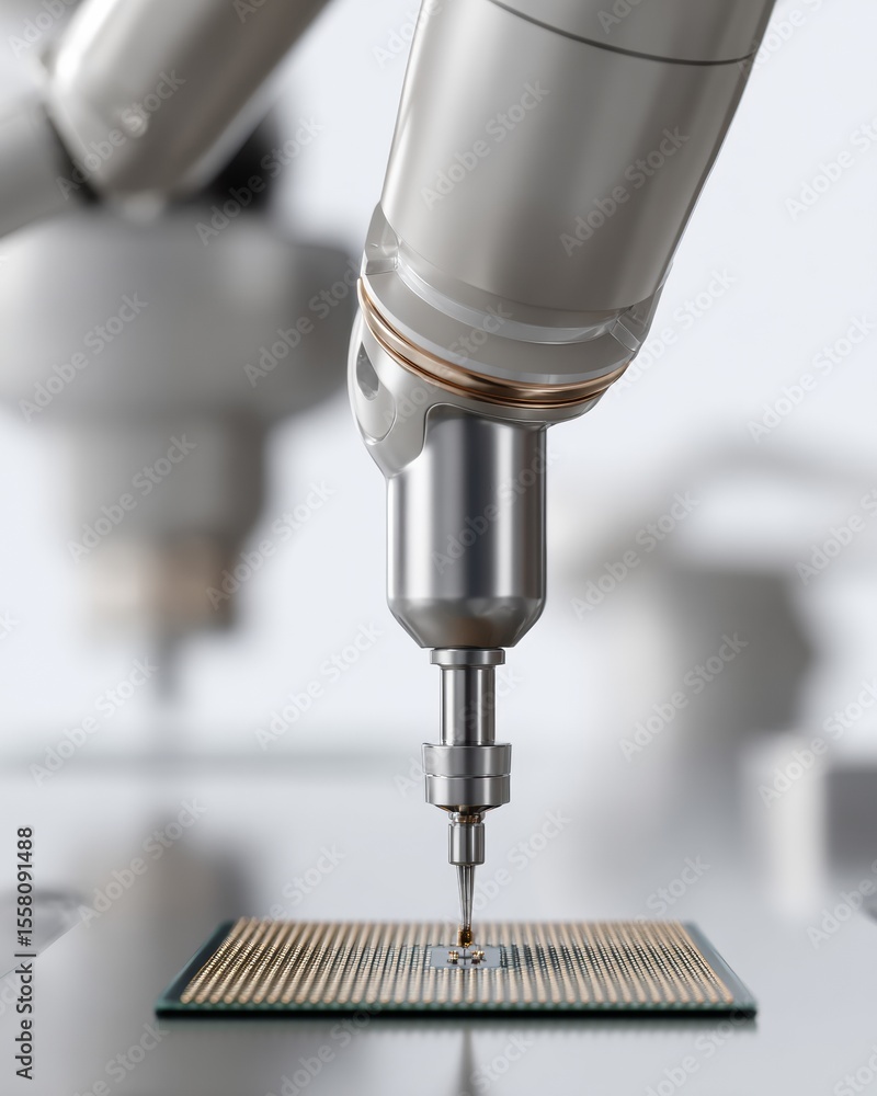 Poster Precision robotic arm operating above silicon wafer on microchip line, showcasing AI-powered quantum hardware and nanotechnology innovation in high-tech manufacturing