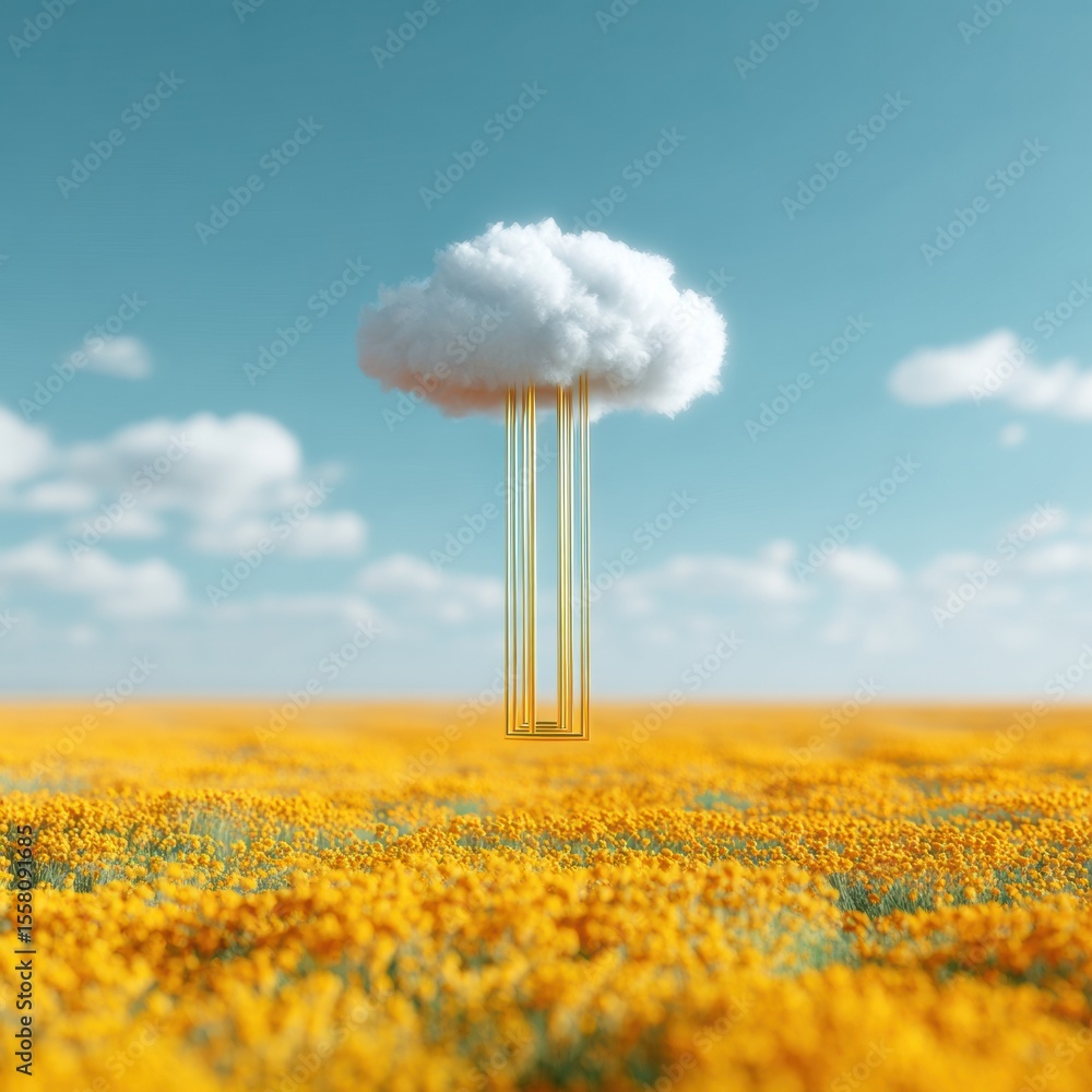 Poster futuristic quantum cloud computing concept over vibrant yellow flower field in bright blue sky - inn