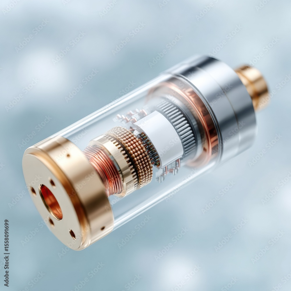 Aufkleber Quantum Chip with Intricate Gears in Cylindrical Metallic Housing Showcasing Mechanical Precision and Superconducting Elements for Advanced Tech Marketing