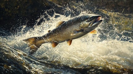 Obraz premium 104.A majestic king salmon leaping out of a clear, rushing stream, its glistening scales reflecting the sunlight as it bursts through the water, framed by natural river surroundings.