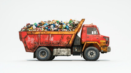 A dump truck is full of trash. The truck is yellow and has a large open dump bed. The trash is piled high and he is a mix of different materials. Concept of waste and pollution