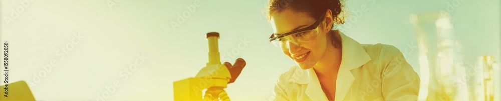 Aufkleber modern pharma research scientist woman wearing goggles using laptop at lab desk with microscope and 