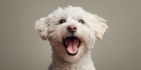 Happy small white dog smiling with open mouth close-up on neutral background for cheerful pet marketing and joyful companionship promotions