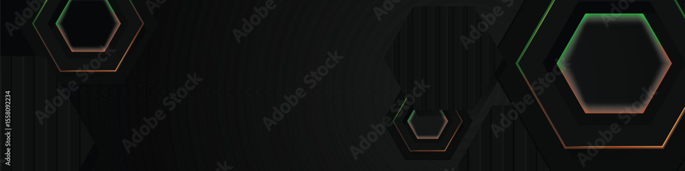 Poster black hexagon horizontal banner background with colorful shining light effect concept