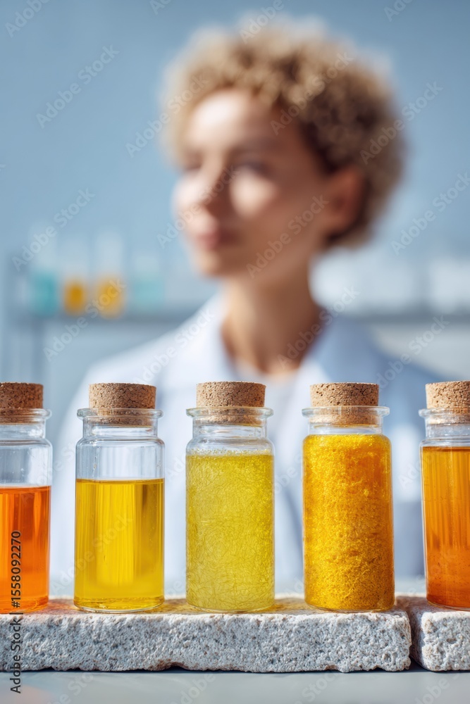 Poster personalized nutrition lab with experimental health food jars and female technician - ai-driven heal