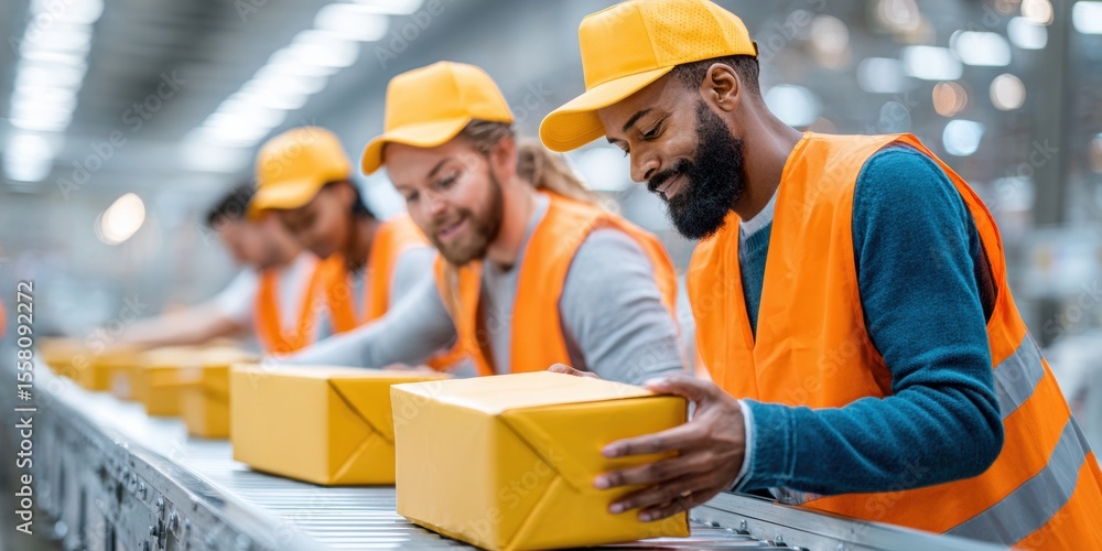 Aufkleber modern ecommerce operations team in safety vests sorting parcels on conveyor belt for efficient orde
