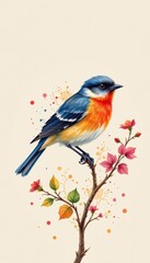 Colorful Bird Perched on Branch with Vibrant Flowers and Splashes of Color in Pastel Background
