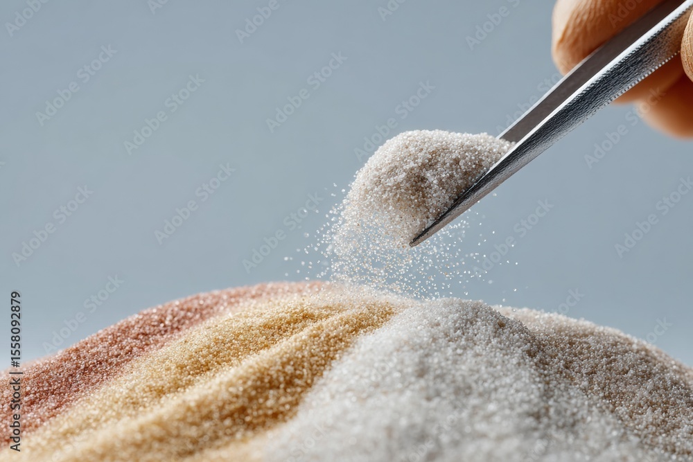 Poster macro view of gloved hand using tweezers to examine colorful microplastic particles on laboratory su