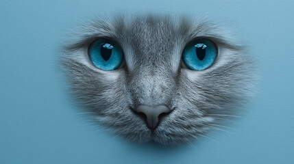 A cat with blue eyes is peeking out from behind a paper. The cat's eyes are the main focus of the image, and the blue color of the eyes adds a sense of curiosity and playfulness to the scene