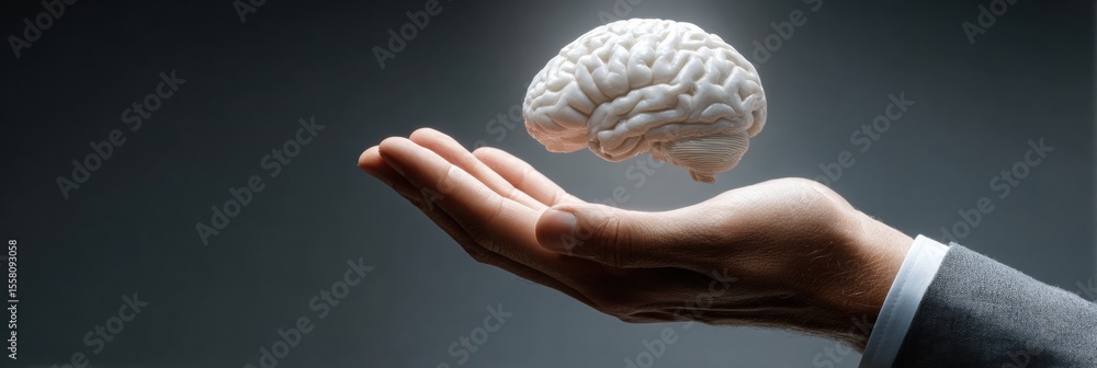 Poster Businessman Holding Digital AI Brain Hologram with Interactive Analytics for Data-Driven Decisions and Automation in Modern Tech Industry