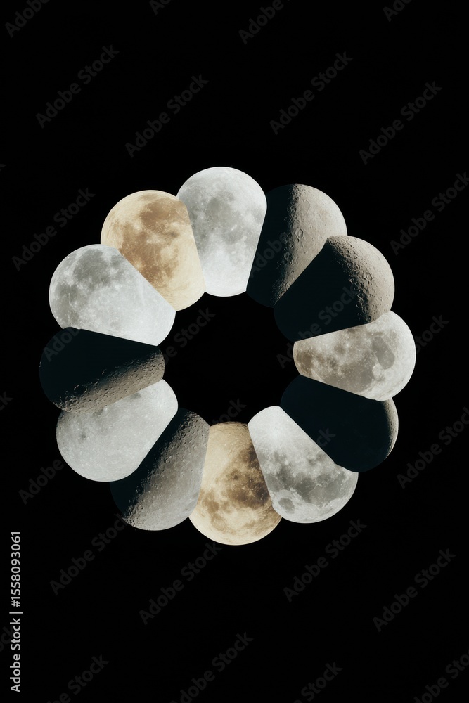 Aufkleber Modern Lunar Calendar Mosaic Showing Moon Phases Circle in Space, Astronomy Visualization for Science Promotion and Celestial Exploration Concepts