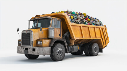 A dump truck is full of trash. The truck is yellow and has a large open dump bed. The trash is piled high and he is a mix of different materials. Concept of waste and pollution