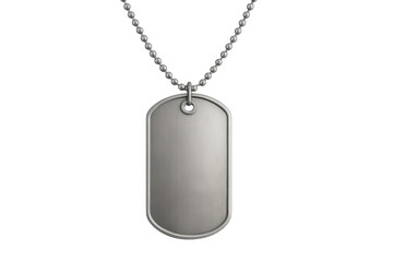 Silver military dog tag suspended from beaded chain, metallic surface gleaming against transparent backdrop