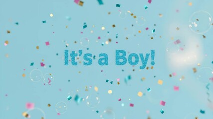 Blue confetti and text announcing It's a Boy on soft background  