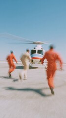 Emergency Medical Helicopter Rescue Team Running Toward Helipad in Motion Blur Demonstrating Urgent Teamwork and Advanced Healthcare Readiness